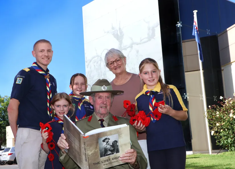 Scouts with a veteran and historian in front of Nuriootpa Council office