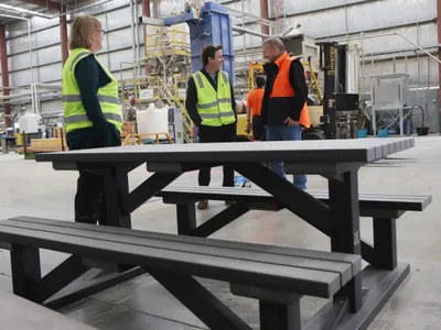 Plastic pellets (50%) and untreated wood flour waste from Australia sawmills (50%) is crafted into outdoor space furniture at APR Composites.