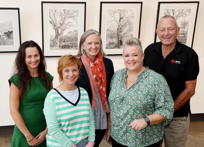 Georgie Staker (project donor), Claire Wood of Careme Pastry (project donor), Rowena Sloane (The Barosssa Council Team Leader Gallery and Creative Industries), Maz McGann (project donor) and Mayor Bim Lange at the Barossa Regional Gallery in Tanunda.