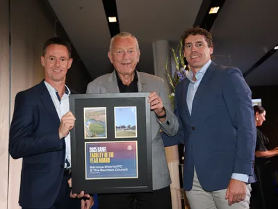Barossa District Sporting Club President, Jamie Sibbick; The Barossa Council Mayor Bim Lange and SANFL SA Football Commissioner, Luke Powell