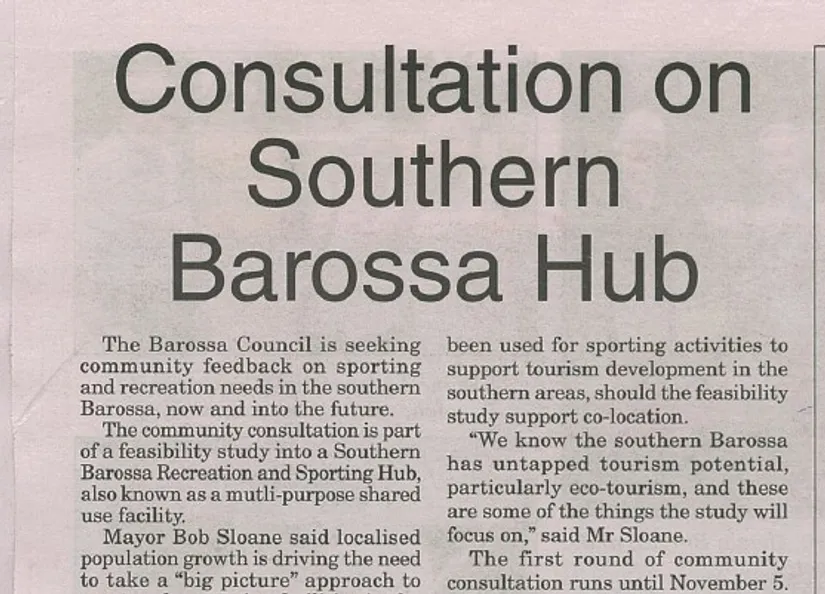 The Leader newspaper article consultation on Southern Barossa hub