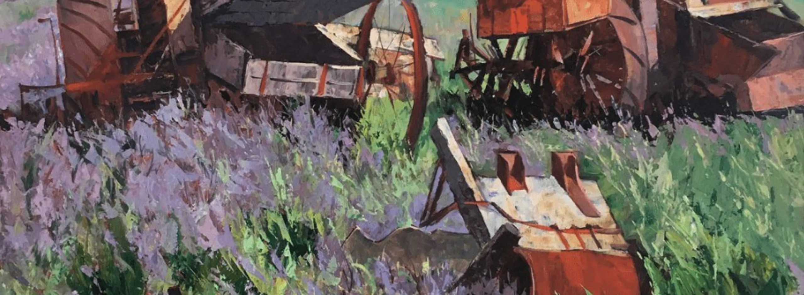 painting of old rusted farm machinery in a field of purple and green flowers